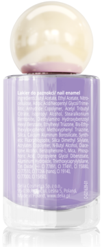 Tył fioletowego lakieru do paznokci Delia Cosmetics Sunny SPF 15 z perłową nakrętką i listą składników.