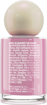 Różowy lakier do paznokci Delia Cosmetics. Widok z tyłu butelki ze składem i danymi producenta.