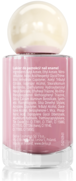 Tył różowego lakieru do paznokci Delia Cosmetics, widoczna etykieta z listą składników.