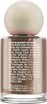 Tył butelki złotego lakieru do paznokci (nail enamel) z widoczną listą składników i informacją Made in Poland.