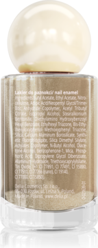 Tył butelki złotego lakieru do paznokci Delia Cosmetics SPF 15, widoczne składniki i perłowa zakrętka.