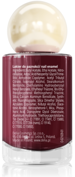 Tył butelki ciemnoczerwonego lakieru do paznokci Delia Cosmetics z białym korkiem, widoczne składniki.