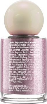Różowo-fioletowy brokatowy lakier do paznokci Delia Cosmetics w butelce, widok z tyłu ze składem.