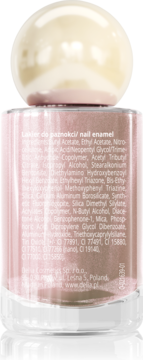 Tył butelki lakieru do paznokci Delia Cosmetics Sunny SPF 15, nr 10, w jasnym odcieniu, z widocznym składem.