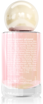 Tył lakieru Delia Cosmetics Sunny SPF 15, różowa butelka z perłową nakrętką i składem.