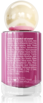 Tył różowego lakieru do paznokci Delia Sunny SPF 15 z widoczną etykietą składników, ochrona UV, błyszczący.