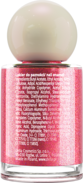 Tył różowego, brokatowego lakieru do paznokci Delia. Widoczna etykieta z pełną listą składników.