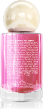 Różowy lakier do paznokci Delia Cosmetics, tył butelki z perłową nakrętką i lista składników INCI.