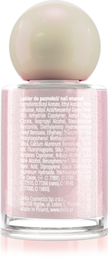 Tył różowego, brokatowego lakieru do paznokci Delia Cosmetics z etykietą ze składem i danymi producenta.