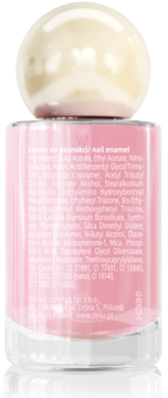 Tył różowego lakieru do paznokci Delia Cosmetics Sunny SPF 15 z listą składników. Kremowa nakrętka.