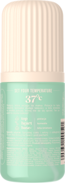 Tył miętowego flakonu perfum z beżową, żebrowaną zakrętką. Widoczne 'SET YOUR TEMPERATURE 37°C' i nuty zapachowe.