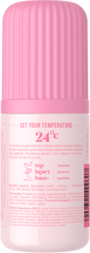 Tył białego dezodorantu roll-on z różową zakrętką, widoczne nuty zapachowe: rabarbar, piwonia, kadzidło.