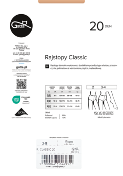 Białe opakowanie rajstop Gatta Classic 20 DEN z tabelą rozmiarów, rysunkiem nóg i logo Gatta, widok z przodu.