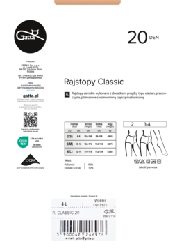 Białe opakowanie rajstop Gatta Classic 20 DEN z logo kota, tabelą rozmiarów i kodem kreskowym, widok z przodu.