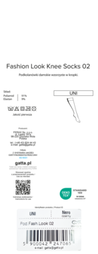 Biała etykieta produktu Gatta Fashion Look Knee Socks 02 z czarnym tekstem, kodem kreskowym i symbolem UNI.