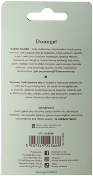 Tył jasnobeżowego opakowania gąbeczki do makijażu Donegal Bubble Matcha z polskim opisem produktu i kodem.
