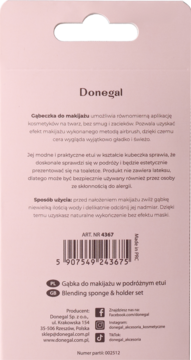 Tył różowo-beżowego opakowania Donegal Blending Sponge z uchwytem, widoczny kod kreskowy i instrukcja.
