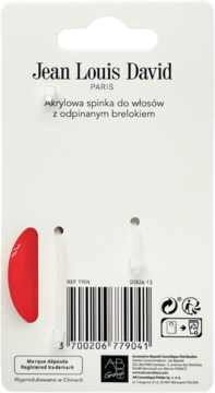 Tył opakowania białej akrylowej spinki Jean Louis David z odpinanym brelokiem. Widoczny kod kreskowy i tekst.