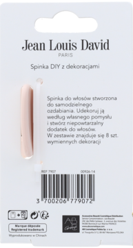 Tył opakowania Jean Louis David, spinka DIY z dekoracjami, z widoczną różową spinką i kodem kreskowym.
