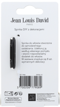 Tył opakowania Jean Louis David Spinki DIY z dekoracjami, białej karty z opisem po polsku i widocznym czarnym klipsem.