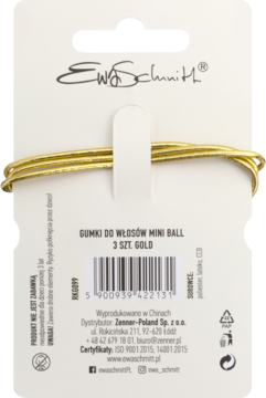 Zbliżenie na tył opakowania złotych gumek do włosów Ewa Schmitt Mini Ball, 3 szt., widoczny kod.