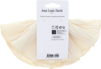 Tył opakowania Jean Louis David z kremowym chouchou scrunchie z falbankami z transparentnej tkaniny, widok z tyłu.