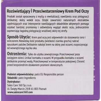 Tył fioletowego opakowania Rozświetlającego i Przeciwstarzeniowego Kremu Pod Oczy, etykieta z białym tekstem.