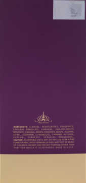 Tył fioletowo-beżowego opakowania perfum Paris Avenue, z widoczną listą składników i nalepką hologramową.