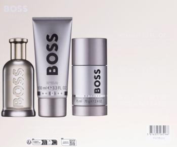 Hugo Boss Bottled zestaw męski: woda perfumowana, żel, dezodorant. Srebrne, eleganckie opakowania na jasnym tle.