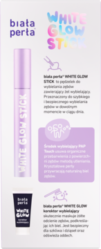Zestaw Biała Perła White Glow: fioletowy pędzelek i ciemna tuba korektora do wybielania zębów na białym tle.