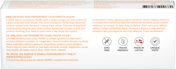 Boczne białe opakowanie pasty do zębów Orange & Peppermint, teksty EN/PL, ikony: sugar-free, vegan.