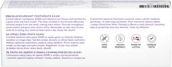 Tył opakowania czarnej pasty do zębów Blackburn, białe tło z opisem, ikony: bezglutenowe, wegańskie, Made in Latvia.