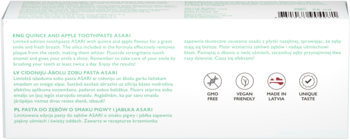 Tył opakowania pasty do zębów z jabłkiem i glukonianem cynku. Zielony tekst, ikony: bez fluoru, wegańskie.