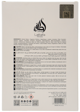 Tył jasnego, prostokątnego opakowania Lattafa Pride Art of Arabia I EDP z pełnym składem i ostrzeżeniami.
