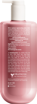 Tył różowego balsamu Bielenda z pompką, widoczna lista składników: 5x kwas hialuronowy, ceramidy, CICA.