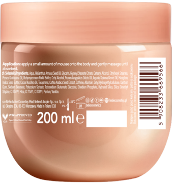 Tył opakowania beBIO musu do ciała tonic espresso, widoczna lista składników, kod kreskowy i 200 ml.