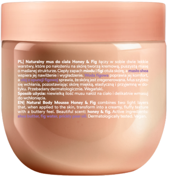 Tył beBIO Naturalny mus do ciała Honey & Fig w brzoskwiniowym słoiku, z opisem produktu PL/EN.
