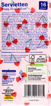 Tył opakowania serwetek 3-warstwowych, 16 sztuk, 33x33 cm, różowe w wiśnie, z tekstami i kodem kreskowym.