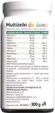 Tył białej butelki Multiżelki dla dzieci, suplementu diety z witaminami, widoczna tabela składu i dane producenta.
