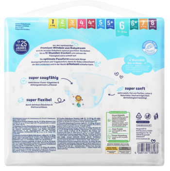 Tył niebiesko-białego opakowania pieluszek Pampers Premium Protection rozmiar 6 (13-18 kg) z opisami cech.