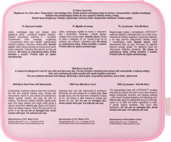 Zestaw Berry Touch w różowym etui, z primerem, mgiełką i pomadką do ust, opis pielęgnacji i makijażu.