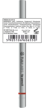 Tuli Labs kredka do ust 02, widok z tyłu, biała etykieta ze składnikami i kodem 5905106606550 na srebrnym ołówku.