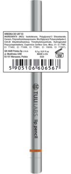 Srebrna konturówka Tuli Labs nr 3 do ust. Widoczna etykieta ze składem, kod kreskowy i pomarańczowa wskazówka koloru.