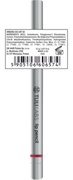 Srebrna konturówka do ust Tuli Labs, kremowa, odcień 04. Z tyłu etykieta ze składem i kodem kreskowym.