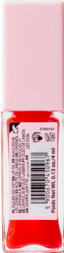 Tył butelki peptydowego olejku do ust, czerwony płyn, różowa nakrętka, kod kreskowy i pojemność 4ml.