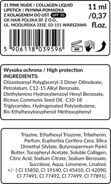 Pomadka kolagenowa SPF 30, 21 PINK NUDE. Tył opakowania z pełnym składem INCI i danymi producenta.
