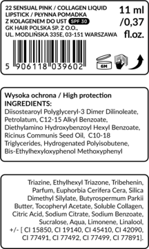 Tył opakowania płynnej pomadki do ust z kolagenem i filtrem SPF 30, widoczna lista składników.
