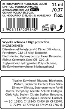 Tył opakowania kolagenowej pomadki w płynie Forever Pink SPF 30, z listą składników i kodem kreskowym.