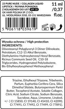 Tył opakowania kolagenowej pomadki do ust Tuli Labs SPF 30, ze składem, kodem kreskowym i 11ml.