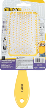 Tył opakowania żółtej szczotki Minions, z białym korpusem, żółtymi ząbkami i postacią Minionka na etykiecie.
